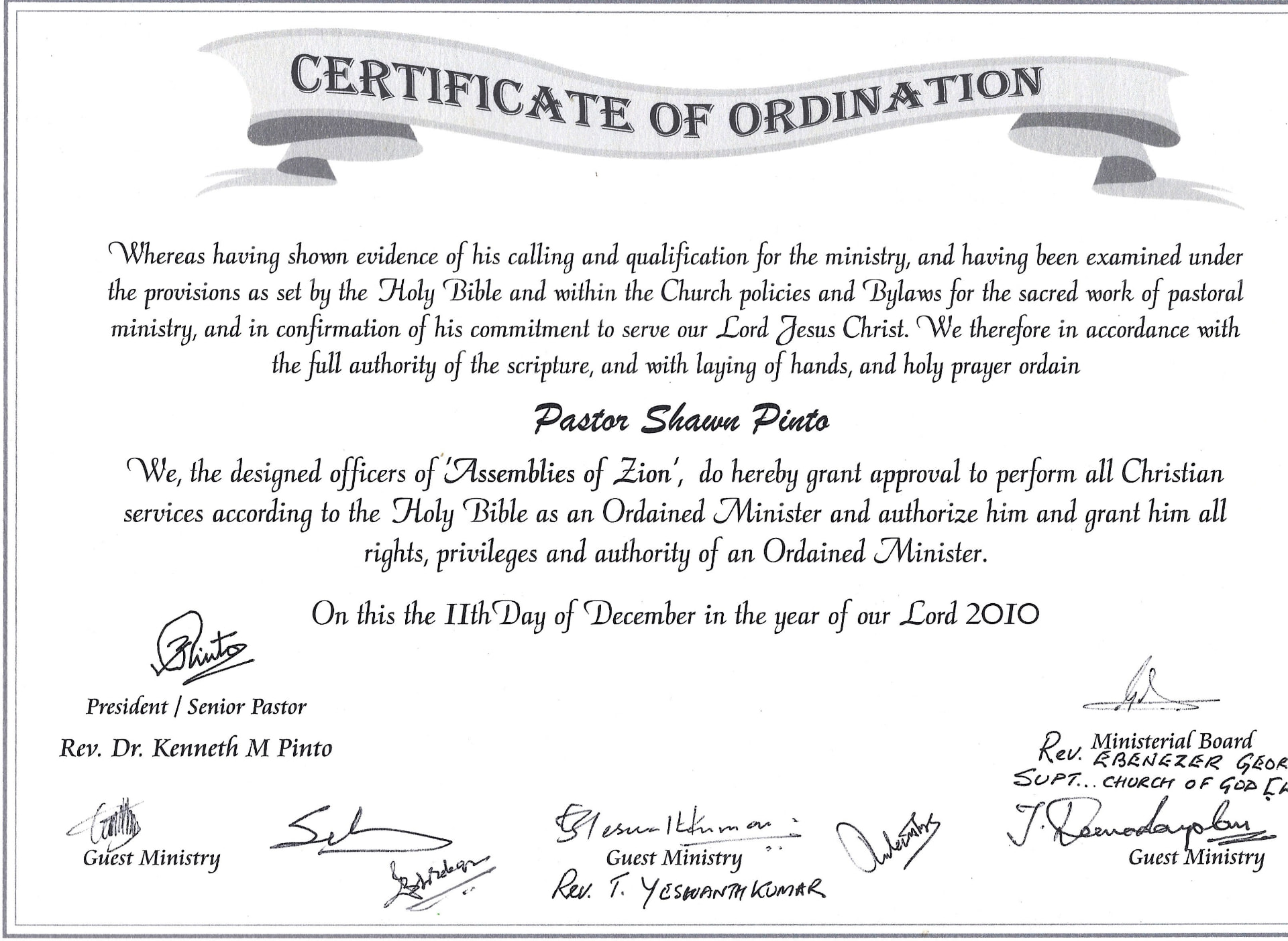 Certificate of Ordination issued to Pastor Shawn Pinto by Assemblies of Zion on 11 December 2010